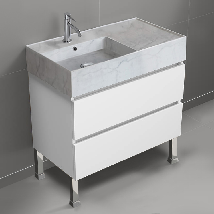 Nameeks BLOCK66 Free Standing Bathroom Vanity With Marble Design Sink, 32 Inch, Modern, Glossy White